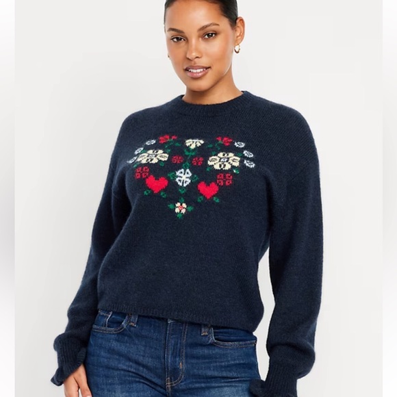 Old Navy Loose Crew-Neck Wool-Blend Heart Graphic Cropped Sweater Size L - Picture 16 of 16